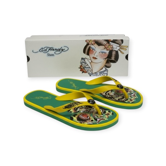 HTF: new OG Ed Hardy ☻ Tattoo Panther Face Flip Flops ☻ Green Yellow ☻ 38 7.5 8